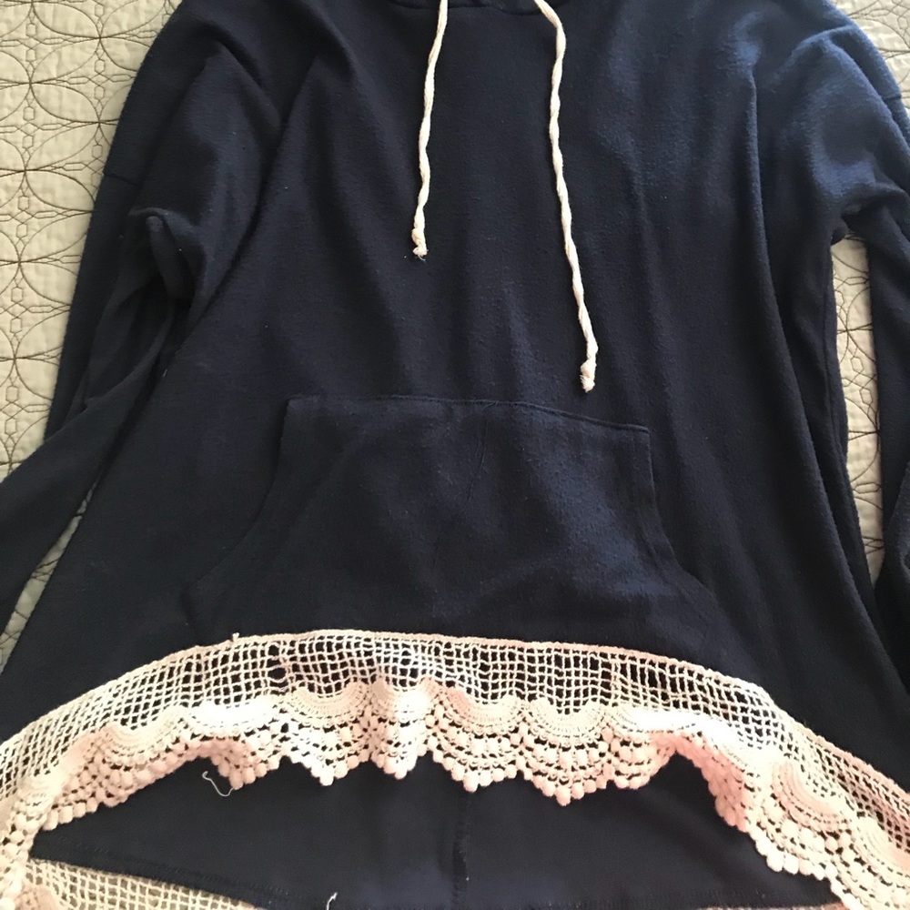 Blue sweater with bottom lace trim
